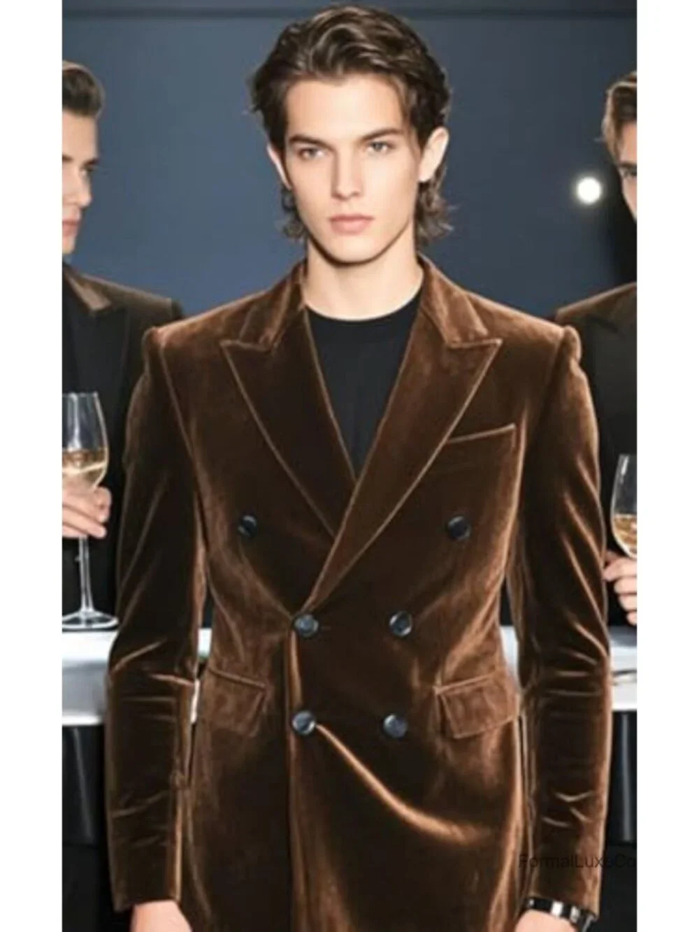 Men's Velvet Double Breasted Blazer Peak Lapel Tuxedo Dinner Suit Jacket